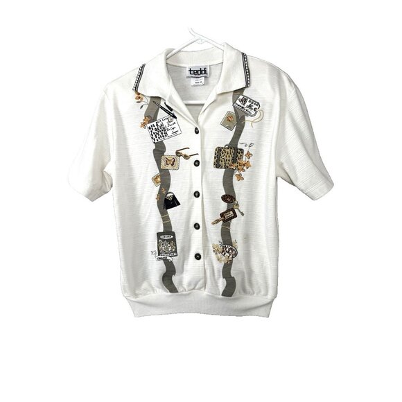 Teddi Tops - Teddi XS Petite Novelty Blouse Shoulder Pads Grannycore Travel Cruise Kitsch Fit